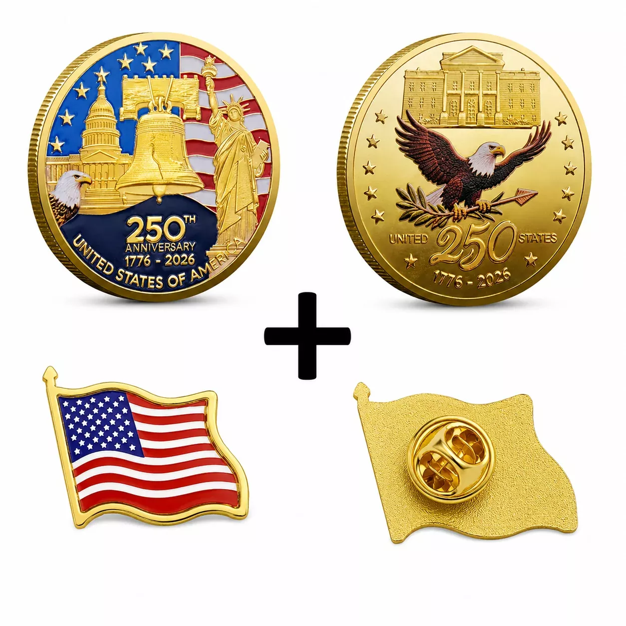 America 250 Coin + Flag Lapel Pin Bundle