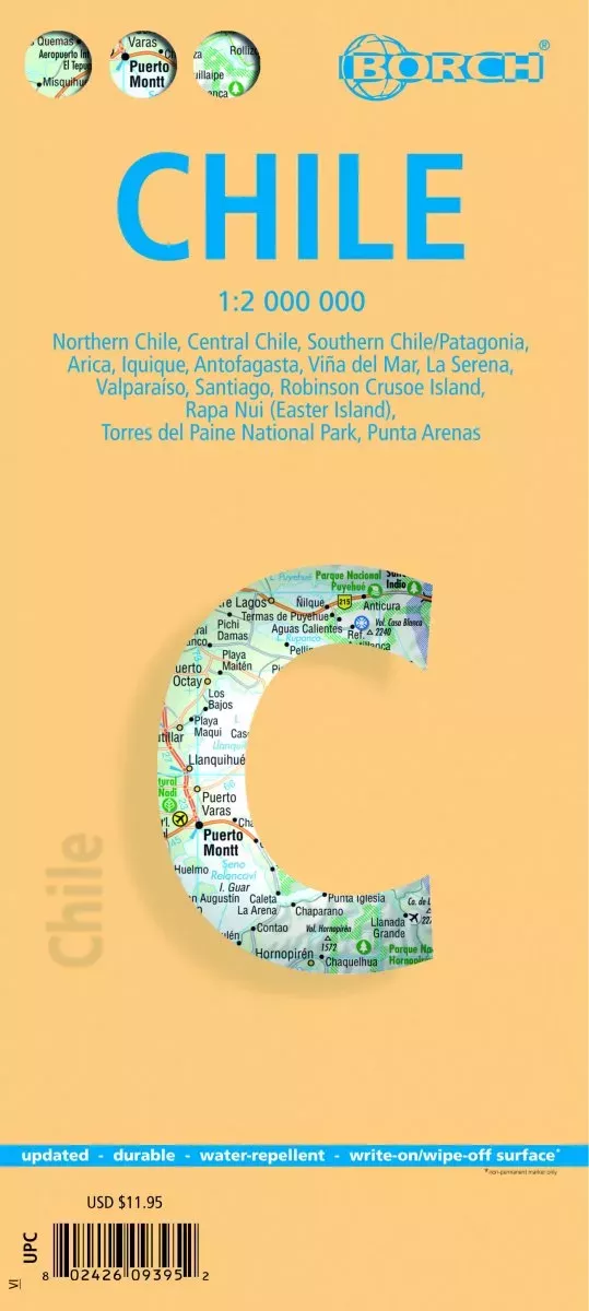 Chile – Laminated Borch Road Map