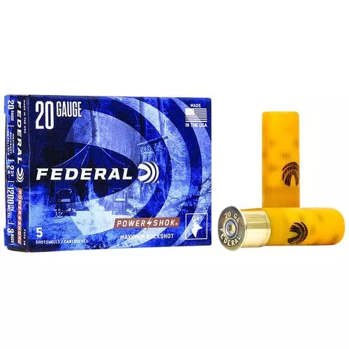 Federal PowerShok, 20 Gauge, 2.75, 3 Buck, Max Dram, Buckshot, 20 Pellets,5 Round Box F2033B