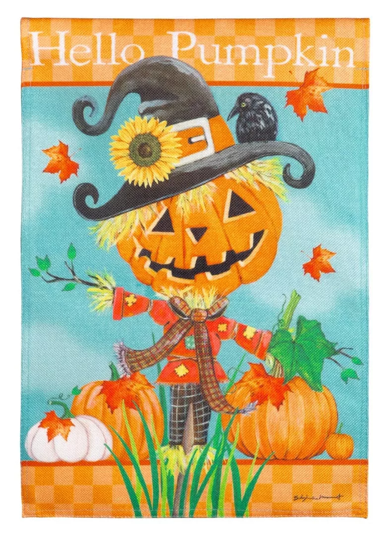 Hello Pumpkin Scarecrow Fall Garden Flag 2 Sided