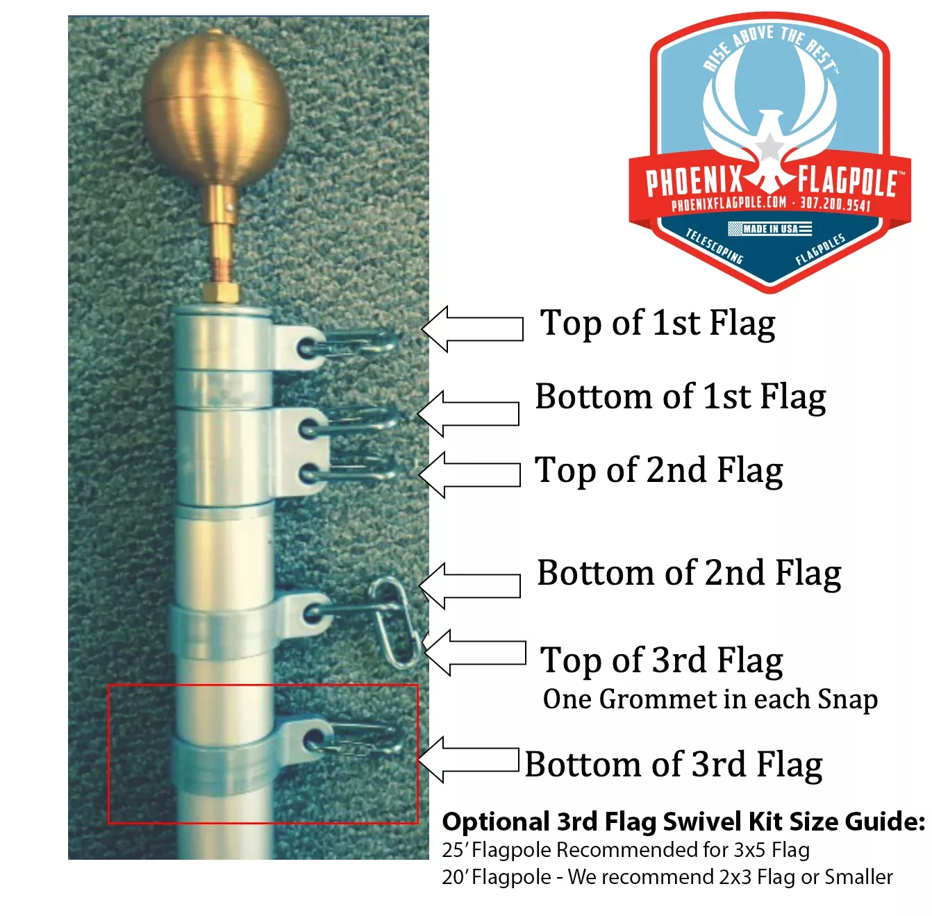 Third Flag Attachment — Fly 3 Flags on One Telescoping Flagpole